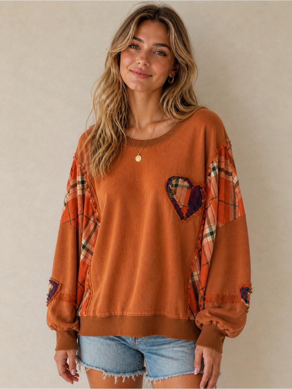 Easel Washed Rust Plaid Heart Pullover Sweatshirt